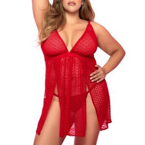 #1111 Mesh Printed Babydoll W/G-String Red 2X/3X